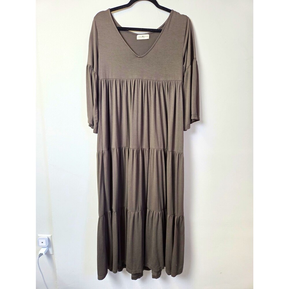 Natural Life Women's XS/S Solid V-Neck Tiered Maxi Dress Brown Rayon Spandex